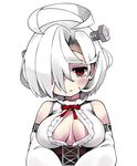  :o ahoge azur_lane bangs bare_shoulders belt belt_buckle blush breasts brown_belt buckle center_opening detached_sleeves frills hair_between_eyes hair_intakes hair_over_one_eye long_sleeves looking_at_viewer medium_breasts moru_(monaka) no_bra no_nose open_clothes open_mouth open_shirt red_eyes red_neckwear red_ribbon ribbon screw shirt short_hair simple_background sleeveless sleeveless_shirt solo stitches terror_(azur_lane) turtleneck underbust upper_body white_background white_hair white_shirt wide_sleeves 