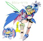  1boy 1girl armor bandai bikini_top blue_armor breasts chibi cosplay creature digimon dragon female full_armor fusion green_hair happy horns monster n36hoko royal_knights shinomiya_rina short_shorts standing sweater sword ulforceveedramon weapon wings 