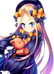  abigail_williams_(fate/grand_order) absurdres bangs black_bow black_dress black_hat blonde_hair blue_eyes blush bow dress edamame_senpai fate/grand_order fate_(series) forehead hair_bow hat highres long_hair long_sleeves looking_at_viewer object_hug orange_bow parted_bangs parted_lips polka_dot polka_dot_bow simple_background sleeves_past_wrists solo stuffed_animal stuffed_toy teddy_bear v-shaped_eyebrows very_long_hair white_background 