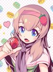  alice_margatroid blue_eyes blush breasts cookie_(touhou) eyebrows food fruit hairband heart holding holding_food holding_fruit ichigo_(cookie) long_hair looking_at_viewer medium_breasts open_mouth pika_(seiga797047) pink_hairband smile solo strawberry touhou upper_body 