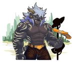  2017 abs anthro belt biceps charr clothed clothing digital_media_(artwork) feline fur guild_wars gun hair hi_res horn male mammal muscular muscular_male pants ranged_weapon simple_background topless video_games weapon wolfmalro 