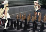  :d annin_musou beret black_legwear black_skirt blonde_hair blue_eyes board_game chess commandant_teste_(kantai_collection) commentary dress gloves hat jacket kantai_collection kneehighs long_hair long_sleeves multicolored multicolored_clothes multicolored_gloves multicolored_hair multicolored_legwear multicolored_scarf multiple_girls open_mouth pantyhose plaid plaid_scarf pleated_skirt pom_pom_(clothes) red_hair richelieu_(kantai_collection) scarf skirt smile streaked_hair white_dress white_hair white_jacket 