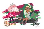  cephalopod_eyes commentary couch crown dark_skin green_hair green_legwear headphones hime_(splatoon) iida_(splatoon) inoue_seita long_hair multiple_girls octarian official_art pink_hair red_shirt shirt sitting socks splatoon_(series) splatoon_2 sweater tentacle_hair 