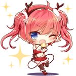  ;d antlers azur_lane bell blue_eyes breasts chibi christmas cleavage commentary detached_sleeves fake_antlers hairband long_hair looking_at_viewer medium_breasts navel one_eye_closed open_mouth pointing pose red_hair reindeer_antlers san_diego_(azur_lane) simple_background smile solo twintails yukiyuki_441 