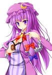  blue_bow blush bow breasts cigarette cleavage cookie_(touhou) crescent hair_bow highres large_breasts long_hair long_sleeves looking_away matchbox matchstick parted_lips patchouli_knowledge purple_eyes purple_hair red_bow solo szk taisa_(cookie) touhou very_long_hair 