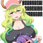  1girl blonde_hair blush breasts cleavage collarbone commentary_request copyright_name gradient_hair hat heterochromia huge_breasts kamo_3 kobayashi-san_chi_no_maidragon long_hair magatsuchi_shouta multicolored_hair purple_hair quetzalcoatl_(maidragon) simple_background white_background 