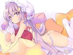  ass bow crescent crescent_hair_ornament crossed_ankles cushion eyebrows_visible_through_hair from_side gloves hair_bow hair_ornament hat kedama_milk long_hair looking_at_viewer lying mob_cap no_shoes on_stomach panties parted_lips patchouli_knowledge purple_eyes purple_hair solo thighhighs thong touhou underwear underwear_only very_long_hair white_gloves white_legwear 