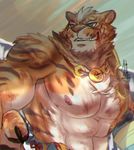  2017 abs akiya-kamikawa anthro blue_eyes feline fur grin lin_hu male mammal nekojishi nipples signature smile solo tagme teeth tiger 