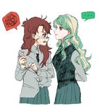  2girls alternate_universe arms_behind_back bandaid bandaid_on_face bandaid_on_finger bandaid_on_hand bandaid_on_nose bangs blonde_hair blush breasts brown_hair clenched_teeth closed_mouth collared_shirt commentary_request cowboy_shot diana_cavendish green_eyes green_neckwear grey_shirt harry_potter hogwarts_school_uniform kagari_atsuko little_witch_academia long_hair long_sleeves looking_at_another medium_breasts messy messy_hair multiple_girls necktie nem_(lwa_nem) pleated_skirt profile red_eyes school_uniform shirt simple_background skirt spoken_ellipsis spoken_squiggle squiggle striped striped_neckwear teeth vest wavy_hair white_background 