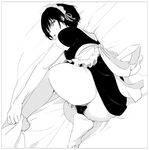  absurdres ass barefoot disgust dress greyscale highres looking_at_viewer lying maid maid_headdress mebae monochrome no_panties on_side original short_hair 