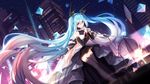  aqua_eyes aqua_hair bison_cangshu building commentary_request forever_7th_capital hairband hatsune_miku highres holding long_hair looking_at_viewer microphone_stand music official_art pleated_skirt singing skirt skyscraper solo thighhighs twintails vocaloid zettai_ryouiki 
