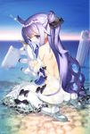  ahoge ass azur_lane bare_back cloud cloudy_sky commentary detached_sleeves doll_hug dress from_behind hair_bun highres horizon long_hair looking_at_viewer looking_back nakamura_takeshi ocean one_side_up purple_eyes purple_hair shallow_water side_bun sitting sky solo stuffed_alicorn stuffed_animal stuffed_toy thighhighs twilight unicorn_(azur_lane) wariza wet wet_clothes white_dress white_legwear 