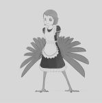  1girl apron crowanon dress feathered_wings female full_body harpy maid_apron monochrome monster_girl original short_hair solo wings 