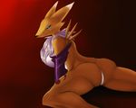  2017 anthro black_sclera blue_eyes breasts butt canine digimon female fur gabrielm hi_res looking_at_viewer mammal nude renamon simple_background solo white_fur yellow_fur 
