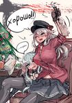  alcohol black_legwear black_skirt blue_eyes blush breasts chicken_(food) christmas christmas_ornaments christmas_tree commentary_request couch food gangut_(kantai_collection) gloves grey_gloves grey_hair hair_between_eyes hair_ornament hairclip hat hibiki_(kantai_collection) highres horosho kakiiro_(takuya) kantai_collection large_breasts long_hair looking_at_viewer military military_hat military_uniform miniskirt multiple_girls naval_uniform new_year one_eye_closed open_mouth orange_eyes pantyhose peaked_cap red_shirt sailor_collar school_uniform serafuku shirt silver_hair simple_background skirt spruce table uniform verniy_(kantai_collection) vodka 