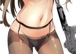  breasts brown_hair brown_legwear buckle close-up daewoo_k2 girls_frontline groin gun k-2_(girls_frontline) long_hair lower_body navel pantyhose septet_(zrca_janne) simple_background small_breasts solo stomach strap thighband_pantyhose thighs topless underboob underwear weapon white_background 