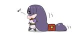  absurdly_long_hair absurdres black_legwear blush bodysuit chibi commentary_request eighth_note fate/grand_order fate_(series) from_side full_body highres long_hair low-tied_long_hair minamoto_no_raikou_(fate/grand_order) musical_note pelvic_curtain profile puffy_sleeves purple_eyes purple_hair rei_(rei_rr) simple_background solo spoken_musical_note standing thighhighs very_long_hair walking white_background 