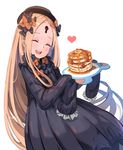  :d abigail_williams_(fate/grand_order) absurdres bad_id bad_pixiv_id bangs black_bow black_dress black_hat blonde_hair blush bow closed_eyes dress fate/grand_order fate_(series) food hair_bow hat head_tilt heart highres holding holding_plate keyhole long_hair long_sleeves looking_at_viewer nekojira open_mouth orange_bow pancake parted_bangs plate polka_dot polka_dot_bow simple_background sleeves_past_fingers sleeves_past_wrists smile solo stack_of_pancakes syrup very_long_hair white_background 