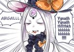  abigail_williams_(fate/grand_order) biting_tongue black_bow blood blood_from_mouth bow closed_eyes english fate/grand_order fate_(series) grey_hair hat keyhole kongkitti_charoensuk long_hair orange_bow pale_skin solo tears third_eye witch_hat 