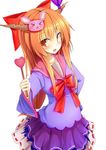  blush bow brown_eyes collarbone cookie_(touhou) eyebrows_visible_through_hair hair_bow hair_ornament heart highres horns ibuki_suika long_hair looking_at_viewer open_mouth orange_hair purple_skirt red_bow skirt smile solo szk touhou yamin_(cookie) 
