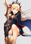  arm_support asymmetrical_legwear asymmetrical_sleeves bangs banned_artist between_breasts black_legwear blonde_hair blush breasts cape commentary_request earrings ereshkigal_(fate/grand_order) fate/grand_order fate_(series) fur-trimmed_cape fur_trim hair_ribbon invisible_chair jewelry kyoeiki long_hair open_mouth red_eyes red_ribbon ribbon single_thighhigh sitting skull solo spine thighhighs tiara twintails weapon 