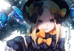  abigail_williams_(fate/grand_order) animal bangs black_bow black_dress black_hat blonde_hair blue_eyes bow bug butterfly commentary_request day dress fate/grand_order fate_(series) hair_bow hand_up hat head_tilt insect long_hair long_sleeves looking_at_viewer orange_bow outdoors parted_bangs parted_lips polka_dot polka_dot_bow sleeves_past_wrists solo yotsuba_harumi 