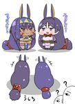  2girls :d ? absurdly_long_hair absurdres animal_ears chibi closed_mouth commentary dark_skin earrings facial_mark fate/grand_order fate_(series) hairband highres holding hoop_earrings jackal_ears jewelry jitome long_hair low-tied_long_hair medjed minamoto_no_raikou_(fate/grand_order) multiple_girls navel nitocris_(fate/grand_order) open_mouth pelvic_curtain puffy_sleeves purple_eyes purple_hair rei_(rei_rr) smile standing translated very_long_hair 