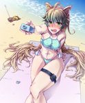  absurdres ahoge animal_ears arm_support atalanta_(fate) beach_towel bech bikini blonde_hair blush breasts cat_ears covered_nipples fang fate/apocrypha fate_(series) green_eyes green_hair hair_between_eyes highleg highleg_bikini highres long_hair medium_breasts navel ocean orion_(fate/grand_order) shikimisato shore solo swimsuit thigh_strap towel very_long_hair water 