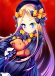  abigail_williams_(fate/grand_order) absurdres bangs black_bow black_dress black_hat blonde_hair blue_eyes blush bow commentary_request dress edamame_senpai fate/grand_order fate_(series) forehead hair_bow hat highres long_hair long_sleeves looking_at_viewer object_hug orange_bow parted_bangs parted_lips polka_dot polka_dot_bow red_background simple_background sleeves_past_wrists solo stuffed_animal stuffed_toy teddy_bear v-shaped_eyebrows very_long_hair 