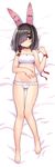  animal_ears ass_visible_through_thighs azur_lane bags_under_eyes bare_arms bare_legs bare_shoulders barefoot bed_sheet black_hair bow bow_bra bra breasts bunny_ears choker collarbone dakimakura fake_animal_ears frilled_panties frills full_body groin hair_over_one_eye legs legs_apart looking_away looking_to_the_side midriff moru_(monaka) navel panties red_bow red_choker red_eyes shiranui_(azur_lane) short_hair small_breasts solo sports_bra stomach thick_eyebrows underwear white_bra white_panties wristband 