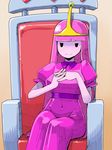  adventure_time blush breasts commentary_request covered_navel dress highres large_breasts long_hair misonou_hirokichi no_pupils pink_hair pink_skin princess_bonnibel_bubblegum smile solo throne tiara very_long_hair 