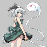  adapted_costume bangs bare_shoulders black_eyes black_hairband black_ribbon blue_eyes blush blush_stickers eyebrows_visible_through_hair from_behind ghost green_skirt grey_background hair_ribbon hairband highres hitodama holding holding_sword holding_weapon katana konpaku_youmu konpaku_youmu_(ghost) lace lace-trimmed_skirt looking_at_viewer looking_back motion_lines panties panty_peek ribbon ryogo short_hair shoulder_blades side-tie_panties silver_hair simple_background skirt solo standing sword tareme thighs touhou underwear waving weapon 