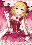  :d bangs bare_shoulders blonde_hair blush commentary_request eyebrows_visible_through_hair flower gloves green_eyes hair_between_eyes hair_flower hair_ornament hairband hand_up idolmaster idolmaster_cinderella_girls idolmaster_cinderella_girls_starlight_stage jewelry layered_skirt leaning_to_the_side minamiya_mia necklace open_mouth pearl_necklace purple_skirt red_flower red_hairband red_rose red_shirt rose sakurai_momoka shirt skirt sleeveless sleeveless_shirt smile solo waving white_gloves 