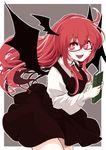  :d azumaya_toushirou black_skirt black_wings book breasts commentary_request demon_wings fangs glasses grey_background hair_between_eyes head_wings highres holding holding_book koakuma long_hair long_sleeves looking_at_viewer medium_breasts miniskirt necktie open_mouth outline red_eyes red_hair red_neckwear simple_background skirt skirt_set smile solo touhou vest wings 