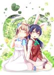  animal_ears back-to-back bangs blue_hair blue_ribbon blush bunny_ears closed_mouth commentary_request finger_to_mouth green_ribbon grey_hair hair_between_eyes heart highres korekara_no_someday long_hair long_sleeves looking_at_viewer love_live! love_live!_school_idol_project minami_kotori multiple_girls one_side_up open_mouth pitter puffy_shorts ribbon seiza shorts sitting smile sonoda_umi yellow_eyes 