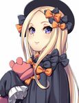  abigail_williams_(fate/grand_order) bangs black_bow black_hat blonde_hair blush bow closed_mouth fate/grand_order fate_(series) fedora forehead frilled_sleeves frills hair_bow hat highres holding holding_stuffed_animal long_hair long_sleeves orange_bow parted_bangs polka_dot polka_dot_bow purple_eyes rope sleeves_past_fingers sleeves_past_wrists smile solo straight_hair stuffed_animal stuffed_toy takanashi-a teddy_bear upper_body very_long_hair 