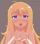  ahoge bad_id bad_pixiv_id blonde_hair blue_eyes collarbone commentary_request eyebrows_visible_through_hair flat_chest gabriel_dropout grey_background hands_together heart heart-shaped_pupils highres long_hair looking_at_viewer messy_hair nude nyaroon oral_invitation solo symbol-shaped_pupils tenma_gabriel_white tongue tongue_out twitter_username upper_body 