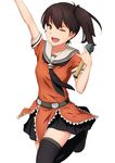  4690_(tkpbsk) black_legwear black_neckwear black_skirt brown_eyes brown_hair cosplay kaga_(kantai_collection) kantai_collection microphone naka_(kantai_collection) naka_(kantai_collection)_(cosplay) one_eye_closed open_mouth orange_shirt out_of_character pleated_skirt sailor_collar school_uniform serafuku shirt side_ponytail simple_background skirt smile solo thighhighs white_background white_sailor_collar 