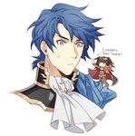  1girl :o absurdres bangs black_cape blue_eyes blue_hair bodystocking bodysuit book bracelet brown_hair cape chibi circlet closed_mouth english fire_emblem fire_emblem:_kakusei fire_emblem:_seisen_no_keifu fire_emblem_heroes hair_between_eyes high_collar highres holding holding_book jewelry jitome long_hair looking_at_another male_focus open_book outstretched_arm pelvic_curtain portrait red_cape short_hair sigurd_(fire_emblem) simple_background sweatdrop talking tecchen tharja two_side_up white_background |_| 