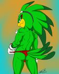  anthro anthrofied avian back_muscles ballsack_outline bird butt clothed clothing eyewear feathers gloves goggles goggles_on_forehead goggles_on_head hawk headwear hi_res jet_the_hawk line_art looking_back male muscular muscular_male naughty_face rear_view signature soina solo sonic_(series) sonic_riders speedo standing swimsuit thong tight_clothing topless underwear underwear_pull 