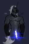  2017 anthro beard bgn biped black_nipples body_hair censored chest_hair collar digital_media_(artwork) empty_eyes equine facial_hair front_view fur green_eyes grey_background grey_fur grey_hair grey_horn grey_tail grumpy hair horn lens_flare lightning looking_at_viewer male mammal nado_(character) nipples nude portrait signature simple_background snout solo standing three-quarter_portrait unicorn unicorn_horn url 