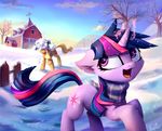  2017 applejack_(mlp) barn blonde_hair cloud cute cutie_mark earth_pony equine eyelashes female fence footprints friendship_is_magic hair hat horn horse inowiseei looking_back magic makeup mammal mascara multicolored_hair my_little_pony open_mouth outside pony purple_eyes scarf sky snow snowball snowing striped_scarf tongue tree twilight_sparkle_(mlp) unicorn winter 