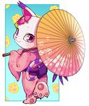  abstract_background anthro blush clothing cute digimon feline female flower gatomon hairpin japanese_clothing kimono long_sleeves looking_at_viewer looking_back mammal pawpads pawprint plant purple_eyes simple_background solo tory umbrella 