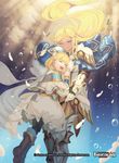  back blonde_hair blue_eyes boots braid cape charlotte_(force_of_will) closed_eyes cloud copyright_name crying facial_mark faria_(force_of_will) feathers force_of_will gloves hat highres hug long_hair mie_nabe multiple_girls official_art open_mouth siblings sisters teeth 