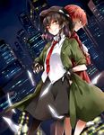  back-to-back black_hair brown_eyes city city_lights cityscape coat crossed_arms fingerless_gloves gloves grin hand_on_hip hat kikuichi_monji long_hair looking_at_viewer multiple_girls necktie okazaki_yumemi pantyhose red_eyes red_hair short_hair skirt smile touhou touhou_(pc-98) usami_renko yellow_eyes 