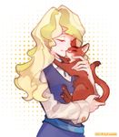  animal animal_hug artist_name bangs blonde_hair blue_vest cat closed_eyes closed_mouth collared_shirt commentary_request diana_cavendish eyebrows_visible_through_hair halftone halftone_background holding holding_cat hug little_witch_academia long_hair long_sleeves luna_nova_school_uniform milk_puppy sash shirt smile twitter_username vest wavy_hair white_background white_shirt 