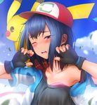  ;o bangs baseball_cap blue_hair blue_sky blush bra breasts cloud commentary day eyebrows_visible_through_hair gen_1_pokemon genderswap genderswap_(mtf) ginhaha half-closed_eyes hat jacket long_hair looking_at_viewer medium_breasts on_shoulder one_eye_closed open_mouth outdoors pikachu pink_bra pokemon pokemon_(anime) pokemon_(creature) pokemon_m21 pokemon_on_shoulder satoshi_(pokemon) short_sleeves sky strap_slip tank_top underwear upper_body 