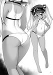  absurdres ass back bangs bikini breasts closed_mouth contrapposto from_side full_body greyscale hair_bobbles hair_ornament halter_top halterneck hat highres kawashiro_nitori long_hair looking_at_viewer monochrome multiple_views navel one-piece_tan page_number petite small_breasts smile standing stomach swimsuit tan tanline tomoki_tomonori touhou two_side_up 