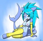  anthro anthrofied big_breasts blue_hair breasts female fish fish_tail hair looking_at_viewer marine myrl navel nipples nude shark simple_background smile solo theoretical-chaos 