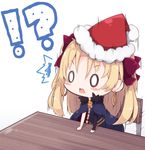  /\/\/\ 0_0 1girl arm_support bangs beni_shake blonde_hair blue_cape blue_dress blush_stickers bow cape chair chibi commentary_request dress ereshkigal_(fate/grand_order) eyebrows_visible_through_hair fate/grand_order fate_(series) fur-trimmed_cape fur-trimmed_hat fur_trim hair_between_eyes hair_bow hat long_hair long_sleeves lowres purple_bow red_hat santa_hat single_sleeve skull solo spine table two_side_up v-shaped_eyebrows white_background 